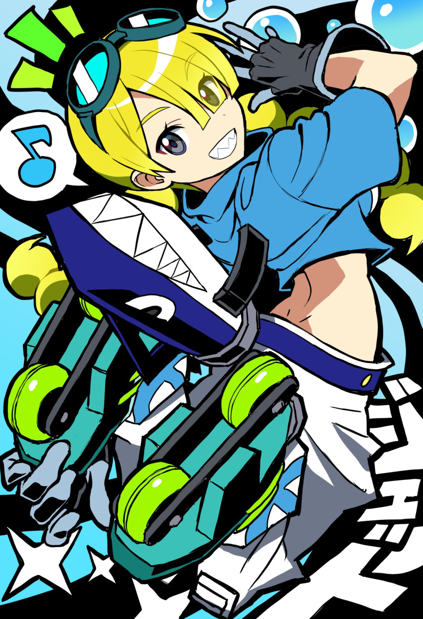 back, belt, blonde_hair, braid, breasts, bubble, crop_top, gloves