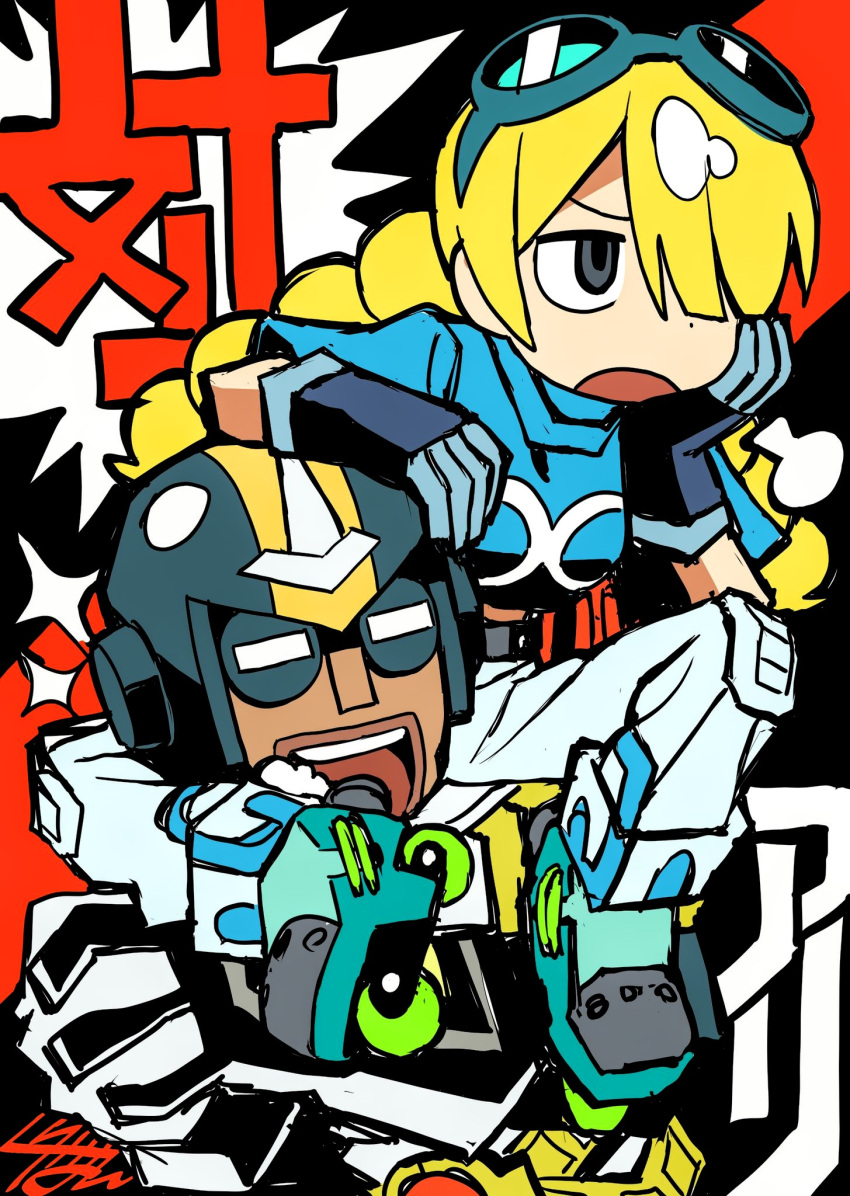 1boy, 1girl, armor, black_background, blonde_hair, braid, crop_top, goggles