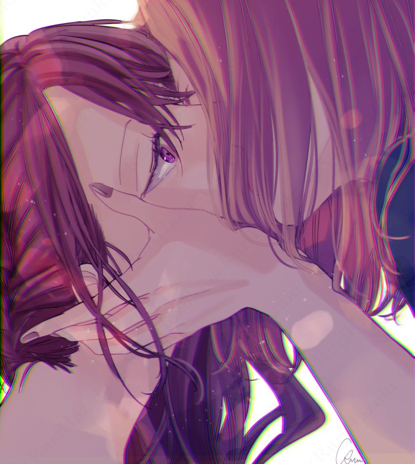 2girls, chromatic_aberration, close-up, commentary, english_commentary, eyelashes, fingernails, from_side