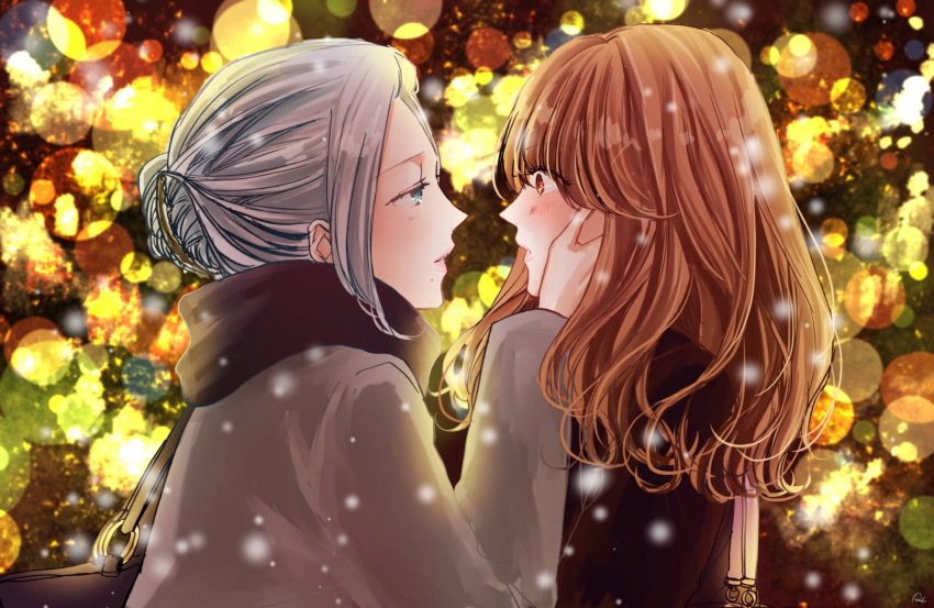 2girls, aqua_eyes, bag, black_scarf, blurry, blurry_background, blurry_foreground, blush