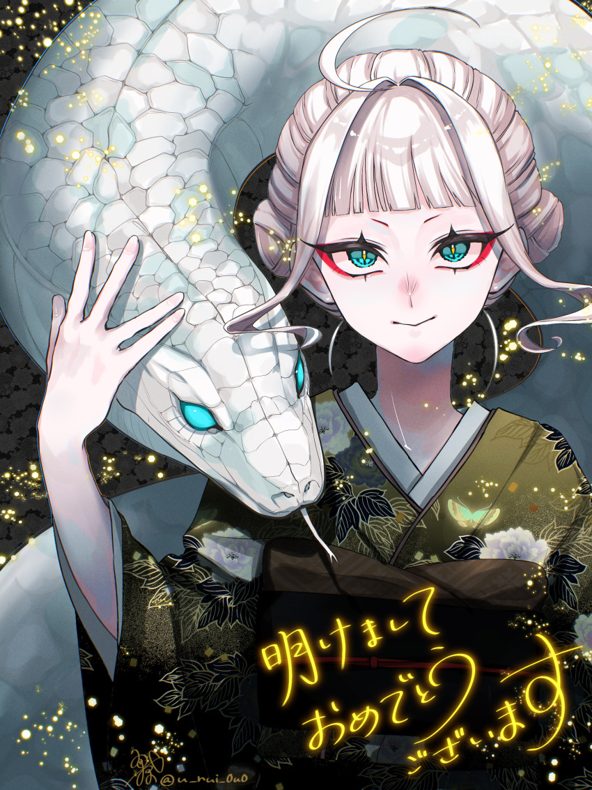 1girl, absurdres, ahoge, ame_namida, animal, blue_eyes, blunt_bangs, chinese_zodiac