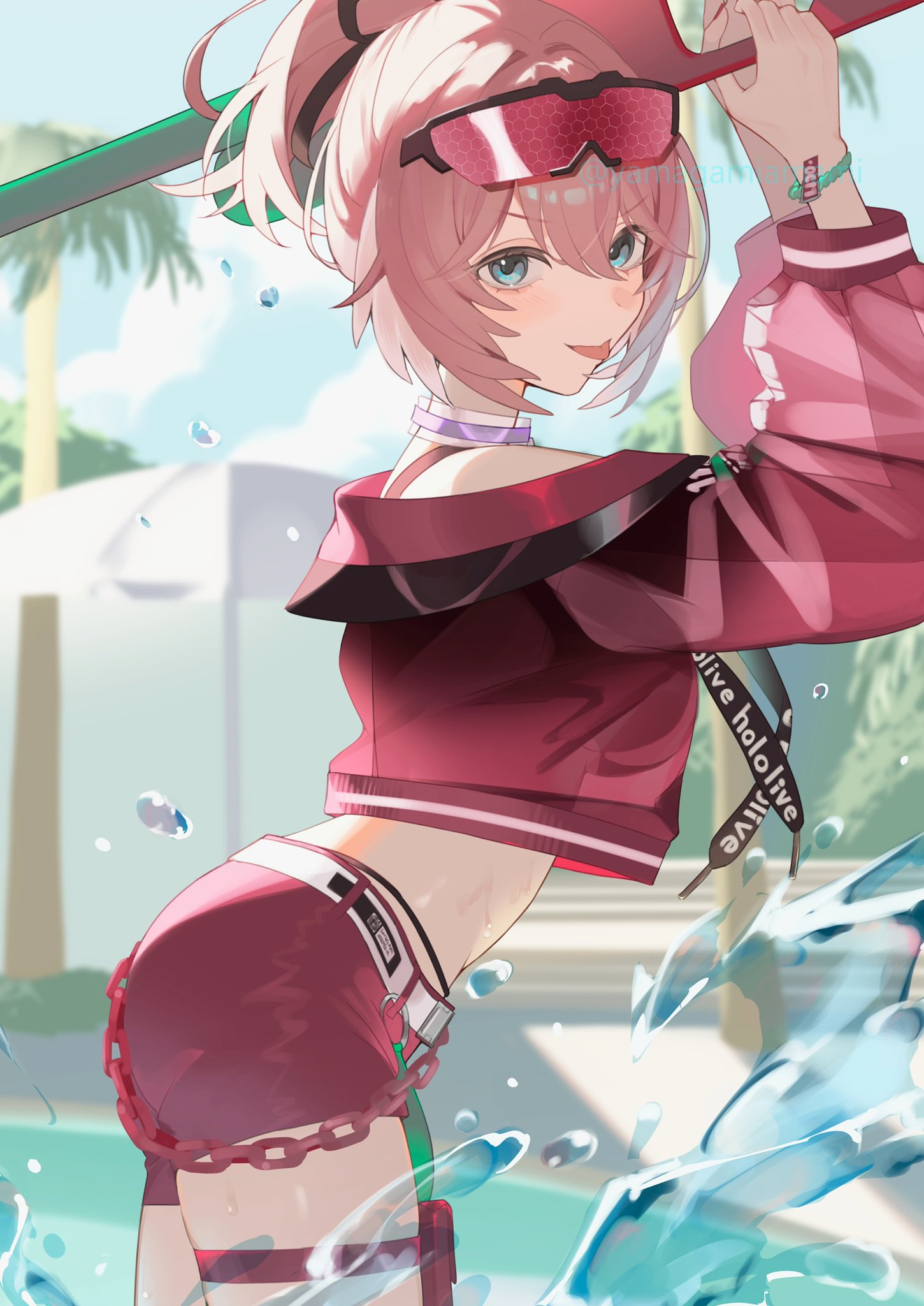 blue_eyes, eyewear_on_head, hair_between_eyes, highres, hololive, holonatsu_paradise, looking_at_viewer, navel, open_mouth, outdoors, ponytail, short_hair, smile, sunglasses, swimsuit, takane_lui, takane_lui_(holonatsu_paradise), tongue, tongue_out, water, waterpark, yamagamiamami