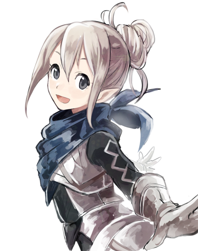 1girl, :d, black_eyes, blue_scarf, commentary_request, female_kana_(fire_emblem), fire_emblem, fire_emblem_fates