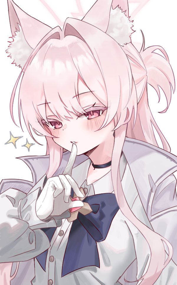 akira_(blue_archive), animal_ears, black_choker, blue_archive, cat_ears, choker, finger_to_mouth, gloves, grey_ribbon, hair_between_eyes, index_finger_raised, jacket, long_hair, looking_at_viewer, pink_eyes, pink_hair, shirt, takamalu08_12, white_gloves, white_jacket, white_shirt