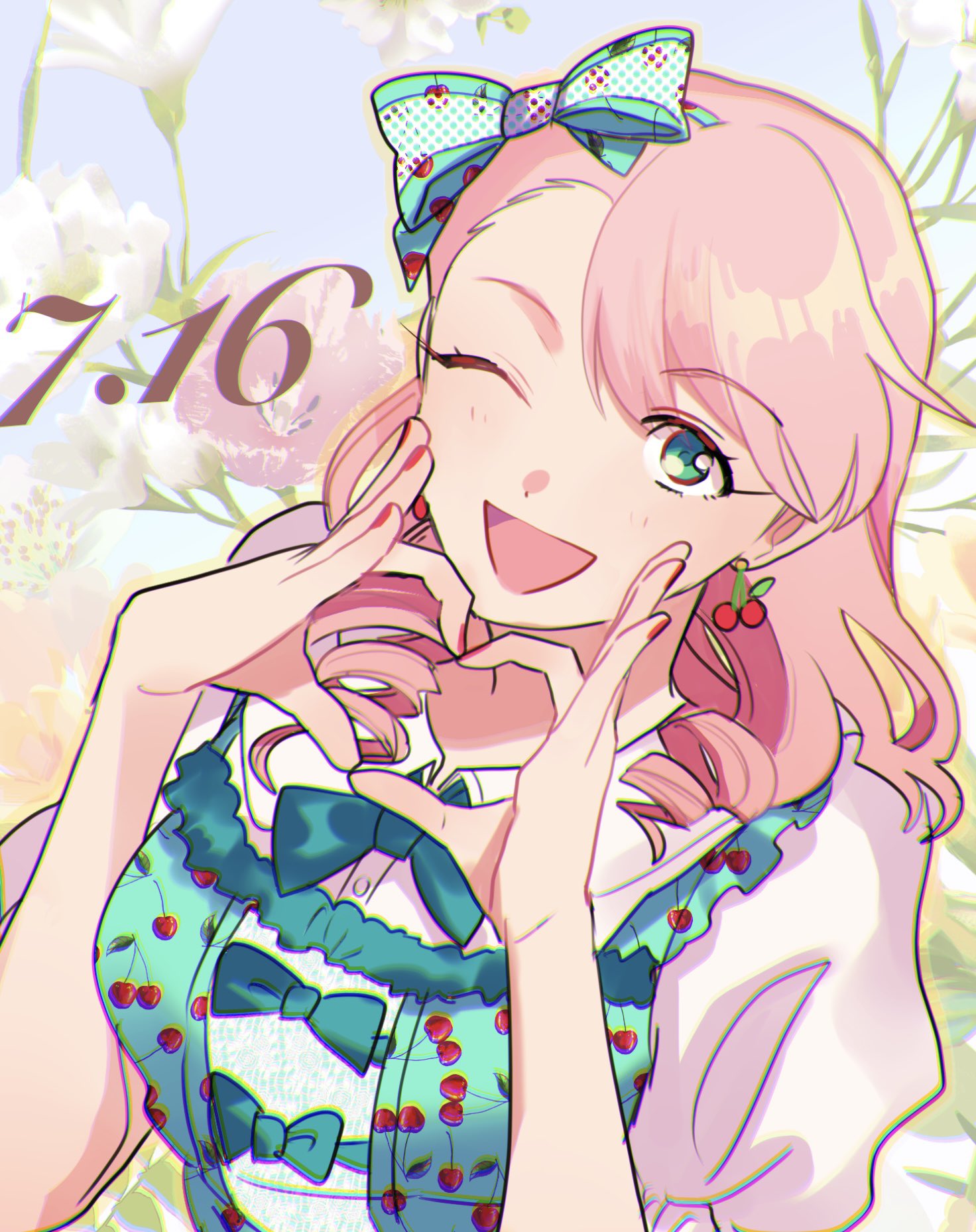 1girl, bow, breasts, earrings, green_eyes, happy_birthday, heart, heart_hands