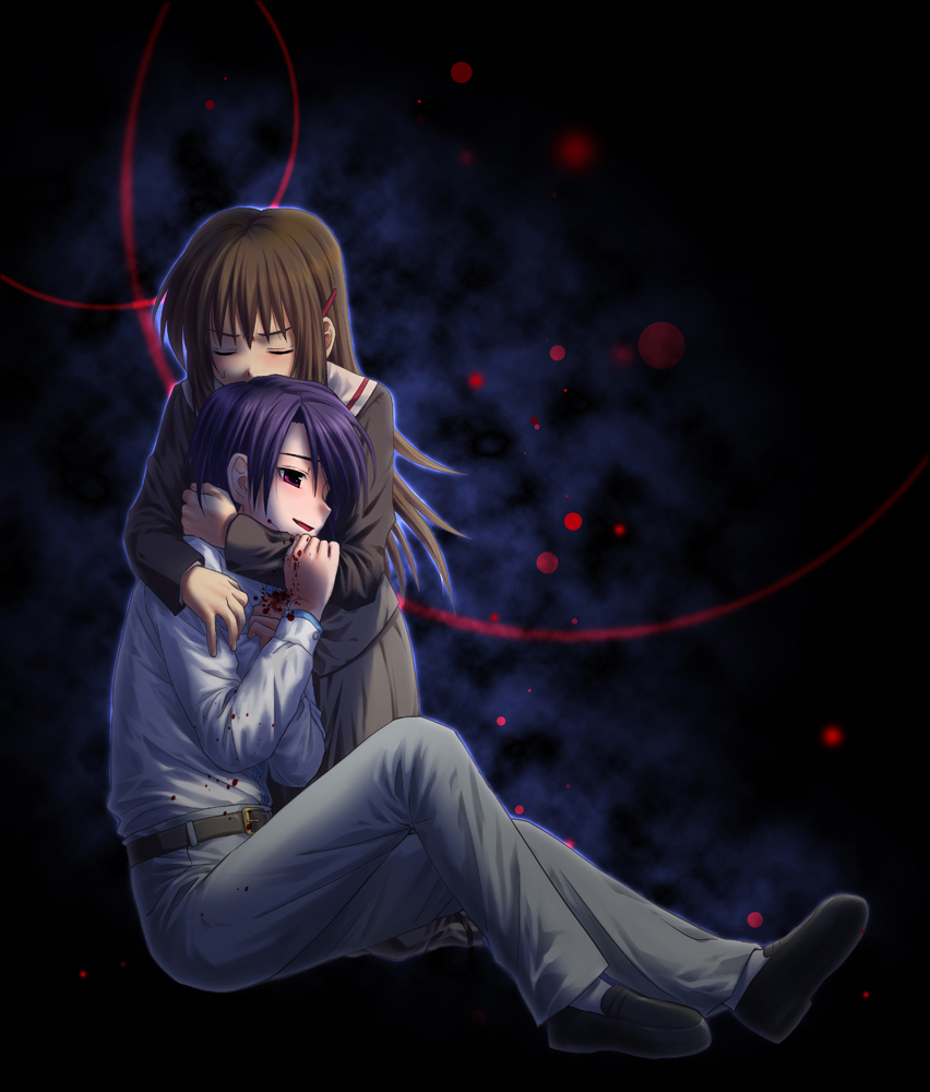 1boy, 1girl, blue_hair, brown_hair, commentary_request, eclps, hair_ornament, hairclip