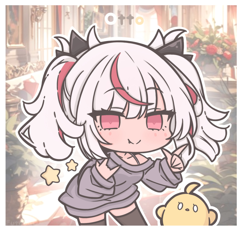 1girl, ai-generated_background, azur_lane, black_thighhighs, chibi, chibi_only, commentary, futaba_(anti_clockwise), grey_sweater, highres, long_hair, long_sleeves, manjuu_(azur_lane), otto_von_alvensleben_(azur_lane), red_eyes, red_streaks, smile, solo, sweater, symbol-only_commentary, thigh-highs, twintails, white_hair