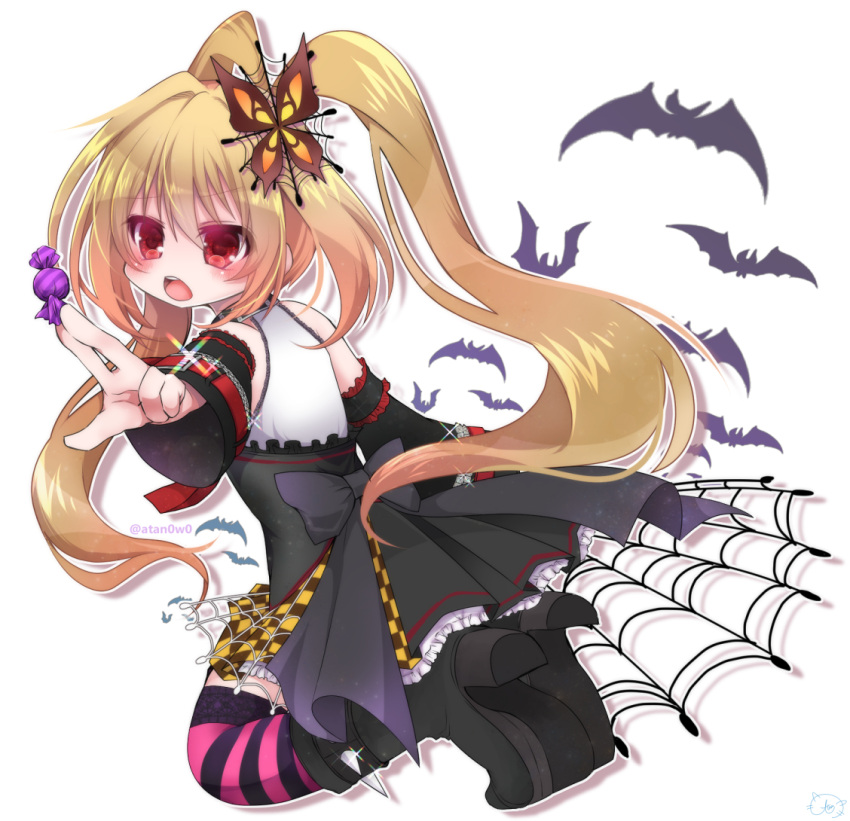1girl, bat_(animal), black_boots, black_ribbon, black_skirt, black_sleeves, blonde_hair, boots