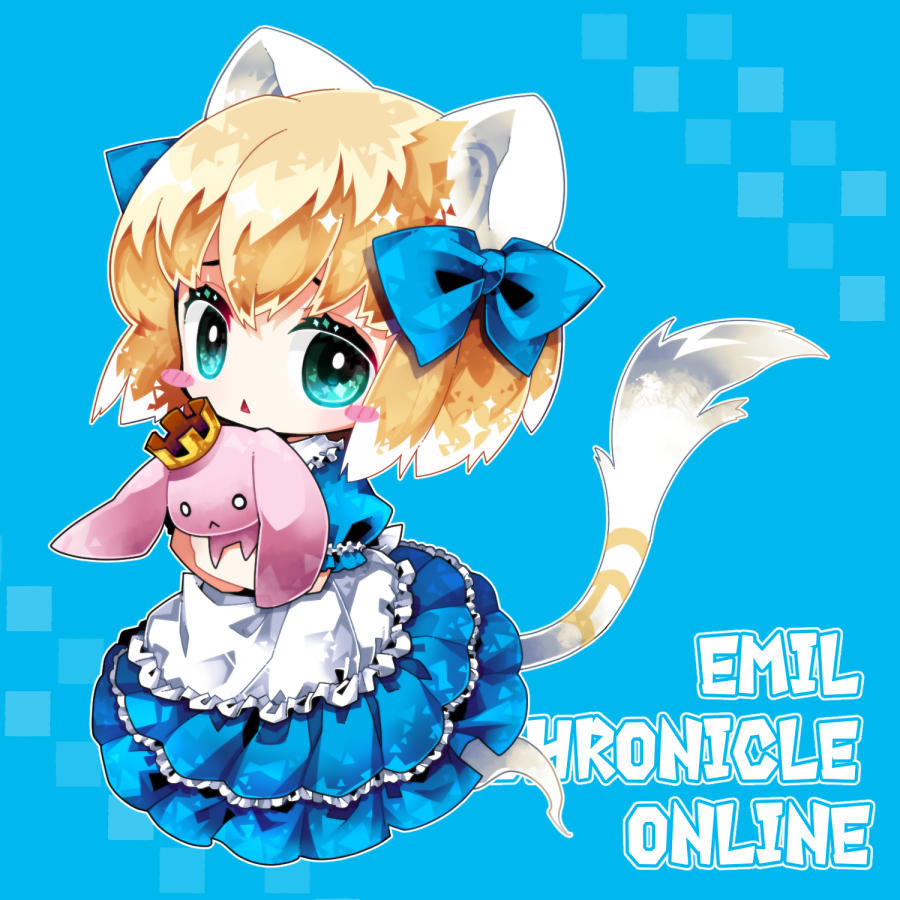1girl, animal_ears, apron, blonde_hair, blue_dress, blue_eyes, blush_stickers, cat_ears