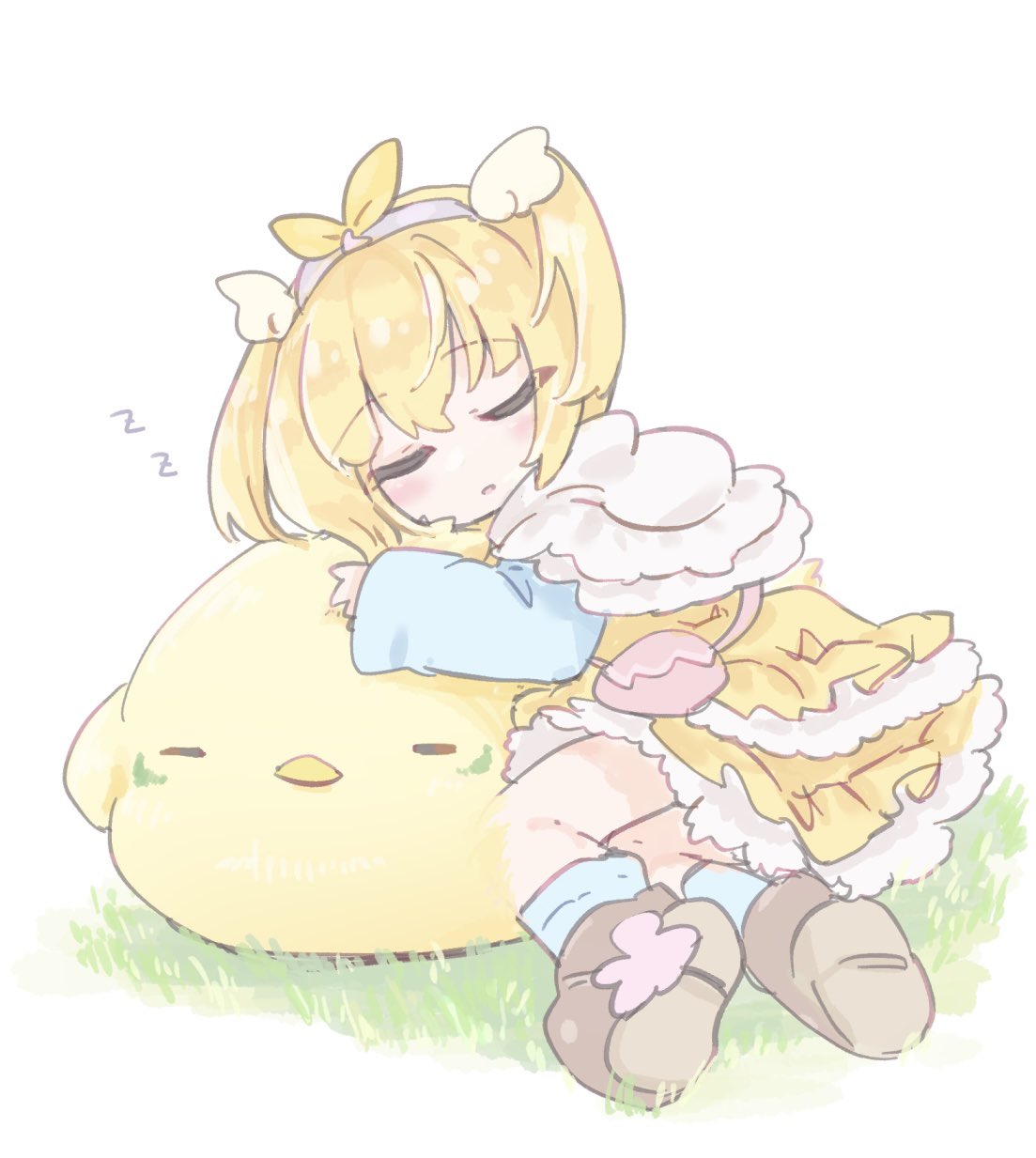 1girl, animal, baby_animal, bag, bird, blonde_hair, blue_sleeves, blue_socks