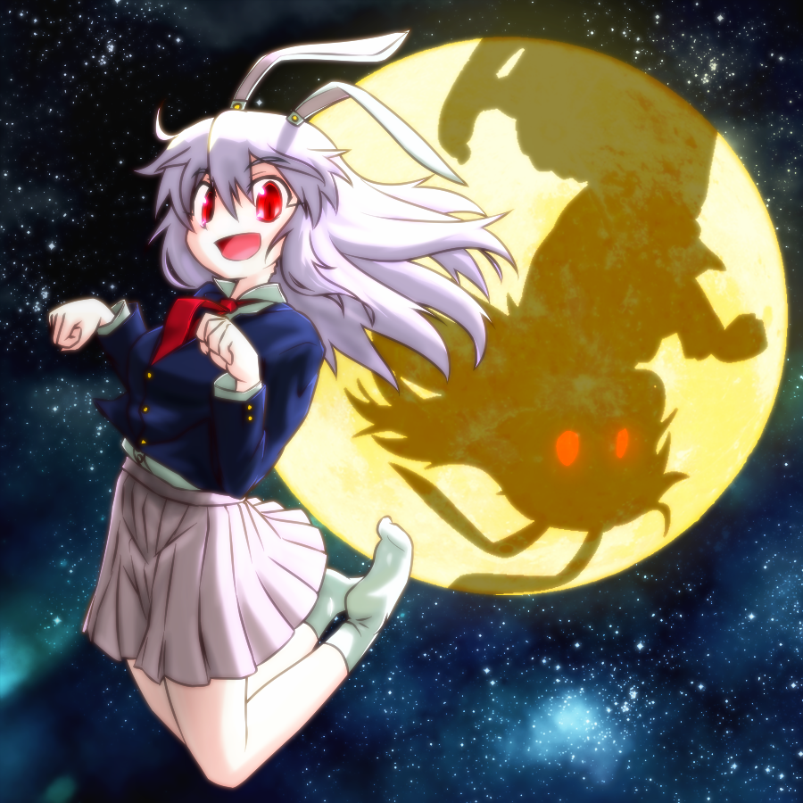 animal_ears, blazer, bunny_ears, bunny_hop, cat_pose, full_moon, glowing, glowing_eyes