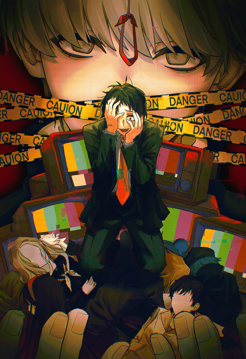 5boys, 5girls, adachi_tooru, amagi_yukiko, belt, black_hair, black_hat, black_jacket