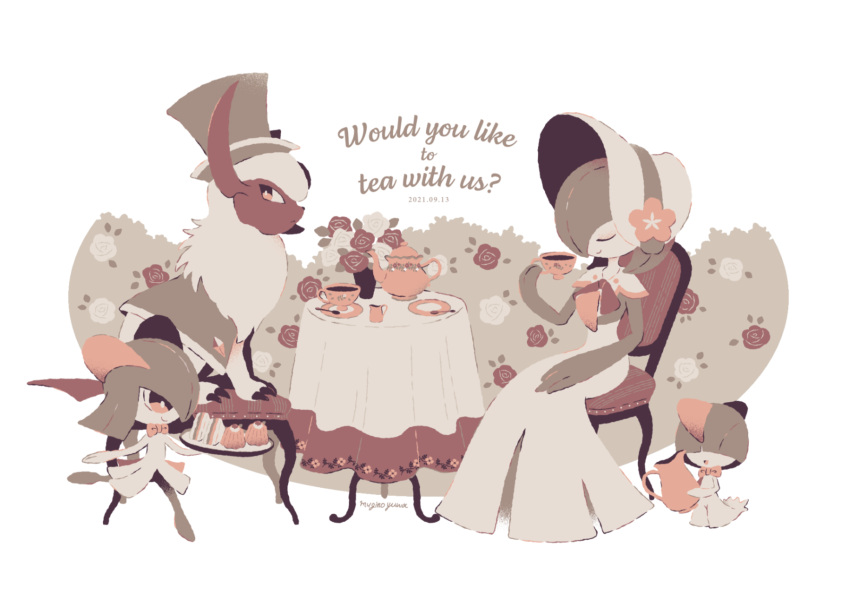 1girl, absol, bonnet, chair, closed_eyes, commentary, cup, english_text, flower, food, gardevoir, highres, holding, holding_cup, holding_plate, kirlia, manami_(uovoegg), plate, pokemon, ralts, red_flower, red_rose, rose, sandwich, sitting, smile, symbol-only_commentary, tablecloth, tea_party, teacup, teapot, white_flower, white_rose