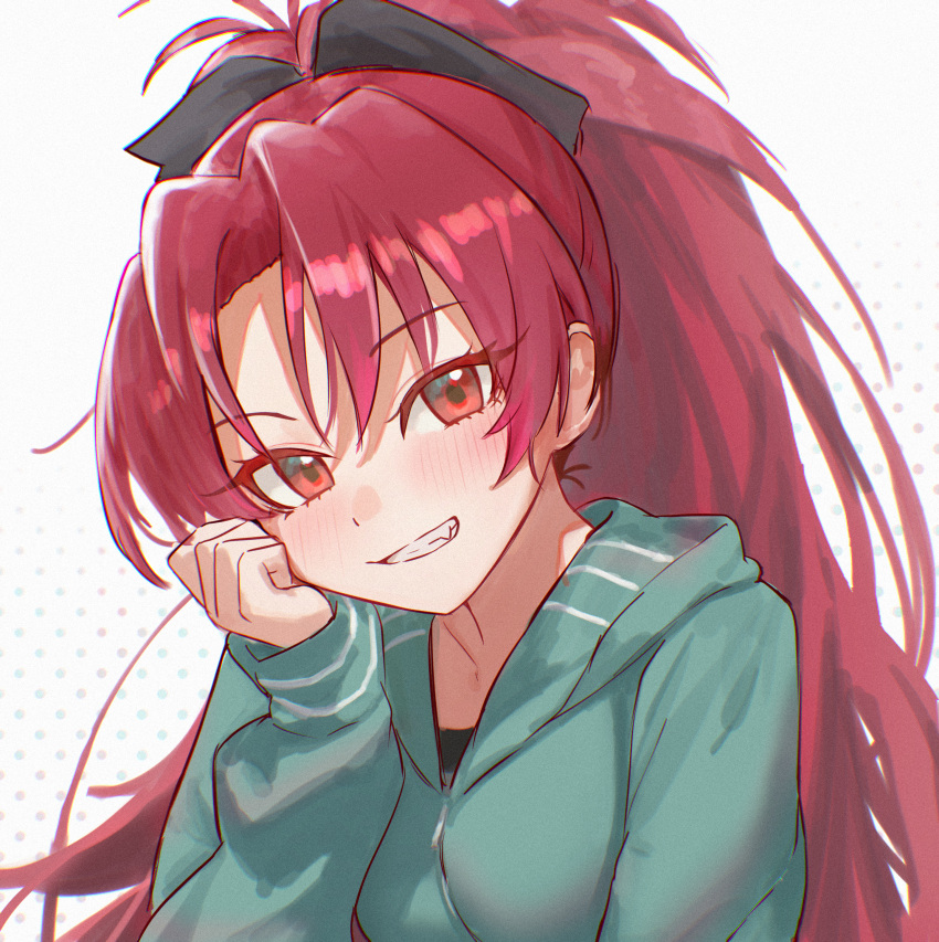 1girl, absurdres, black_bow, black_shirt, blue_jacket, blush, bow, commentary_request