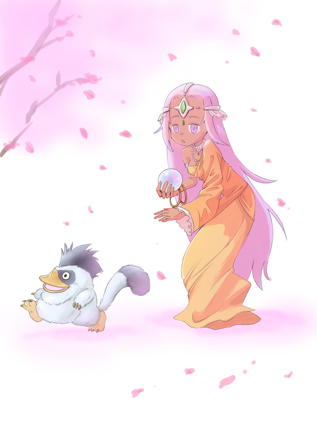 1girl, :o, adapted_costume, asymmetrical_dress, beak, black_hair, bracelet, cherry_blossoms, circlet, claws, creature, crystal_ball, daifuku1092, dark-skinned_female, dark_skin, dragon_quest, dragon_quest_iv, dress, falling_petals, forehead_jewel, frilled_sleeves, frills, full_body, gem, gold_bracelet, green_gemstone, half-closed_eyes, highres, holding_orb, jewelry, leaning_forward, long_dress, long_hair, long_sleeves, looking_at_viewer, minea_(dq4), mohawk, multiple_bracelets, multiple_necklaces, neck_ring, necklace, orange_dress, orb, parted_lips, petals, pink_petals, platypunk, purple_hair, silver_circlet, single_bare_shoulder, single_sleeve, standing, tail, tree, very_long_hair, violet_eyes, walking, white_fur