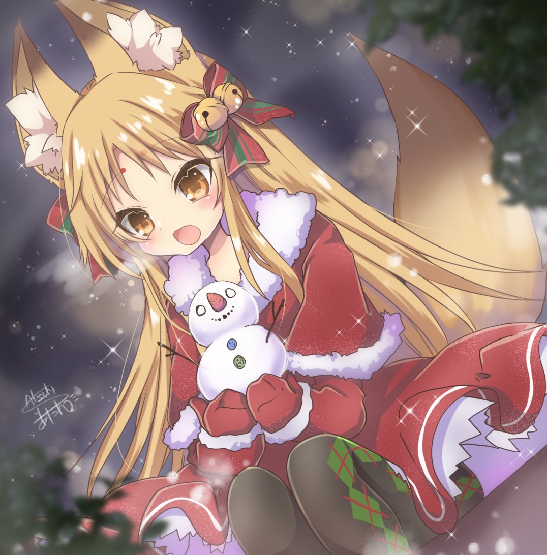 1girl, animal_ears, artist_name, bell, black_thighhighs, blonde_hair, cape, christmas