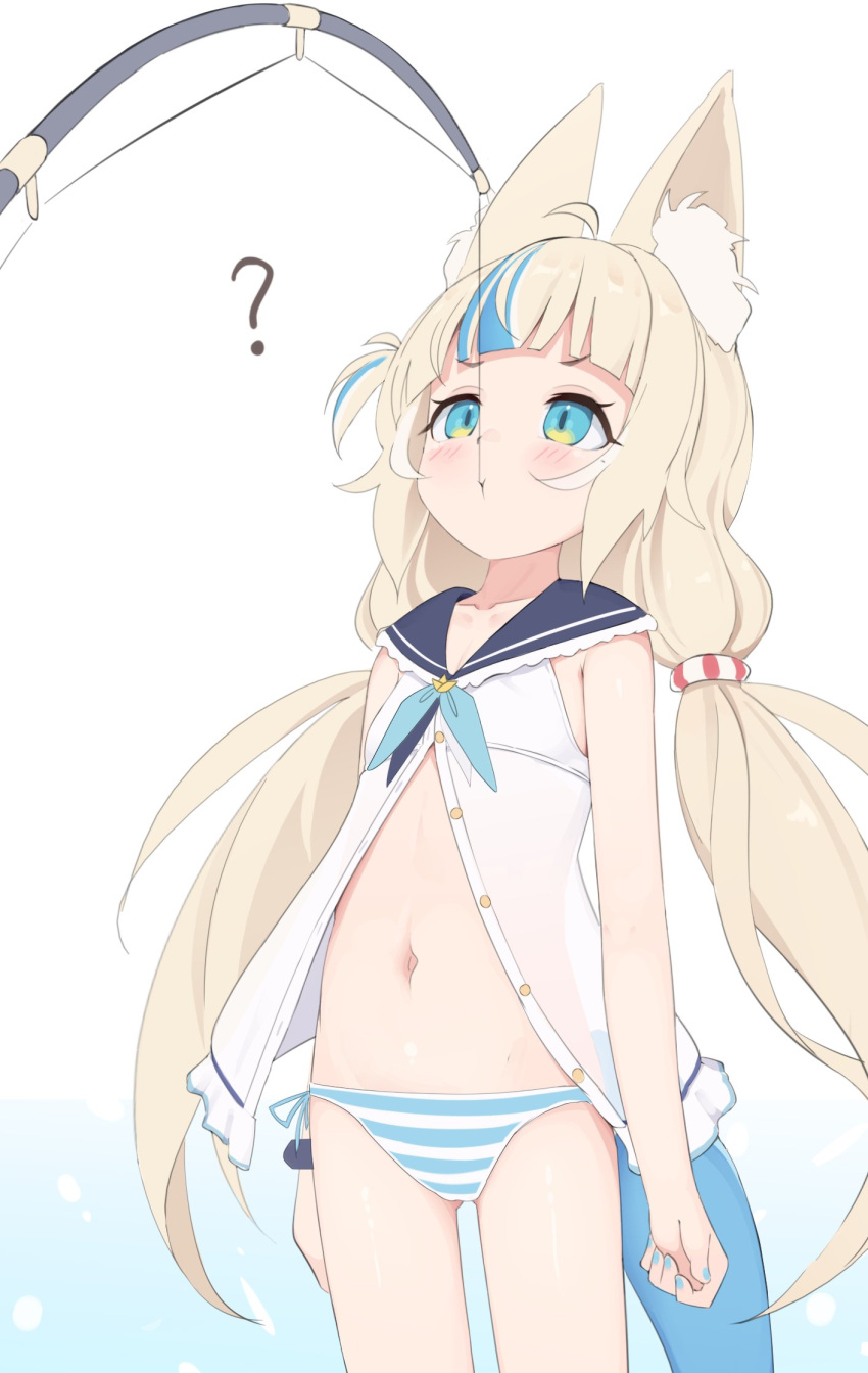 1girl, ?, ahoge, animal_ear_fluff, animal_ears, ass_visible_through_thighs, bare_shoulders, blonde_hair