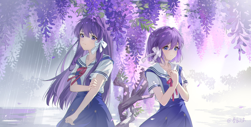 2girls, alternate_costume, bilibili_username, blue_eyes, blue_skirt, clannad, closed_mouth, falling_petals