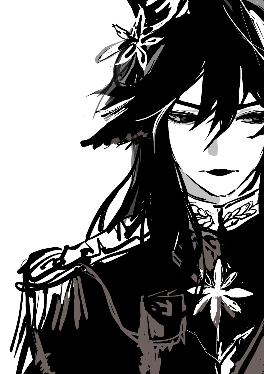 absurdres, animal_ears, arknights, black_hair, closed_mouth, epaulettes, greyscale, headgear