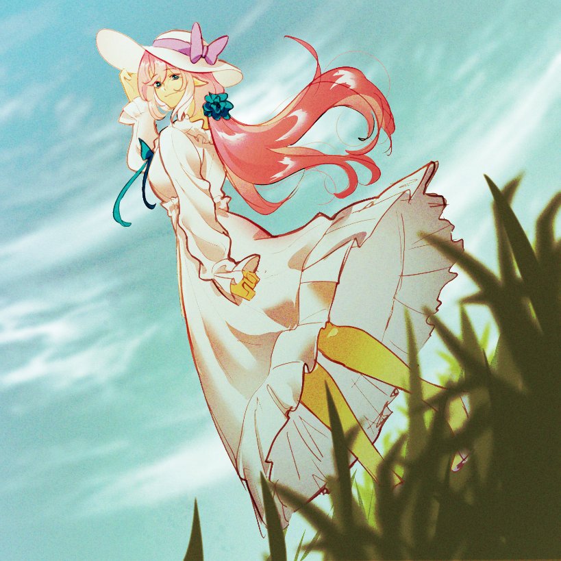 1girl, blue_eyes, blue_flower, bow, dress, elysia_(honkai_impact), flower, grass