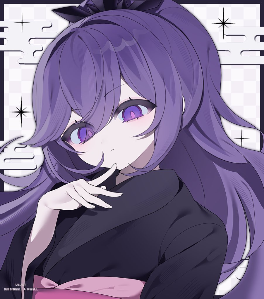 1girl, black_kimono, hyakkihime, japanese_clothes, kabi_10_18, kimono, long_hair, looking_at_viewer, purple_hair, solo, upper_body, violet_eyes, youkai_(youkai_watch), youkai_watch