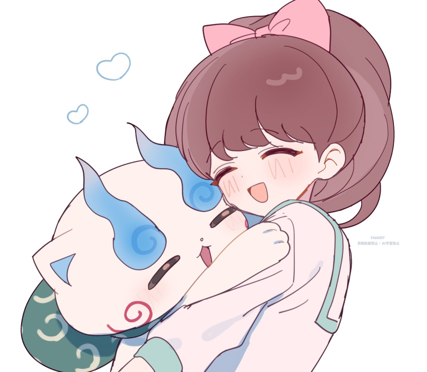 1girl, artist_name, bow, brown_hair, closed_eyes, hair_bow, highres, hug
