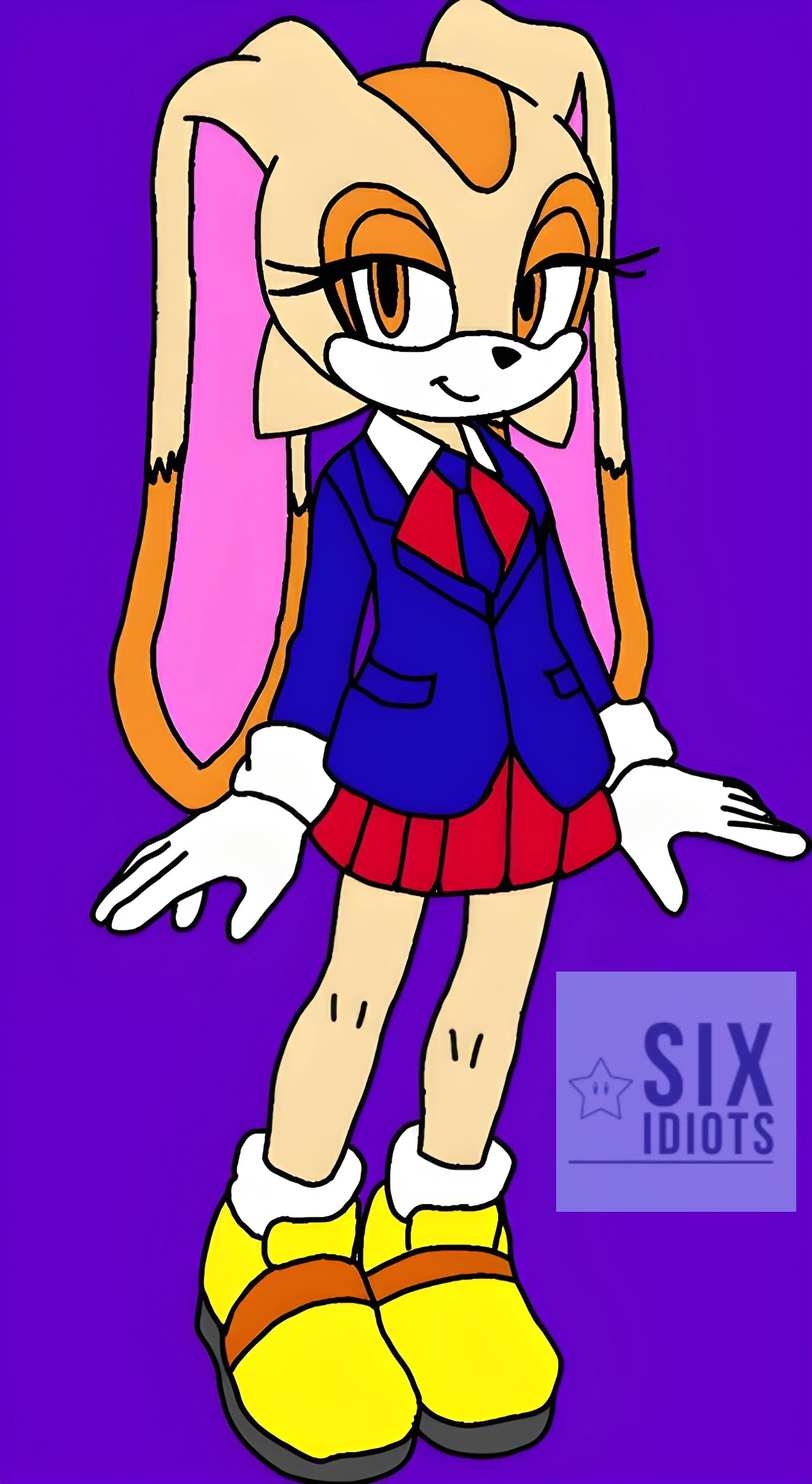 absurdres, animal_ears, cream, cream_the_rabbit, gloves, highres, non-web_source, orange_eyes, pocket, rabbit, rabbit_ears, school_uniform, shoes, sixidiotsonechannel, skirt, sonic_(series), sonic_the_hedgehog, sonic_the_hedgehog_(archie_comics), sonic_the_hedgehog_(classic), sonic_the_hedgehog_(idw), the_murder_of_sonic_the_hedgehog