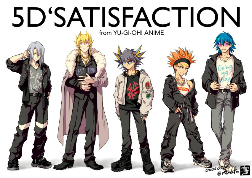 5boys, black_hair, black_jacket, black_pants, black_shirt, blonde_hair, blue_hair, bruno_(yu-gi-oh!), coat, crow_hogan, earrings, fudo_yusei, full_body, grey_coat, grey_hair, grey_pants, group_picture, jack_atlas, jacket, jewelry, kiryu_kyosuke, medium_hair, multicolored_hair, multiple_boys, muroto_misakichi, orange_hair, pants, shirt, song_name, spiky_hair, streaked_hair, sunglasses, two-tone_hair, white_jacket, white_shirt, yu-gi-oh!, yu-gi-oh!_5d's