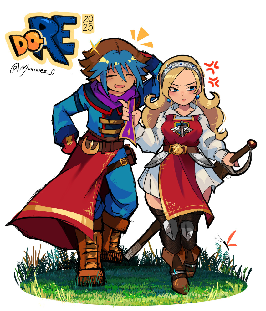 1boy, 1girl, 2025, :t, absurdres, aged_up, alt_text, anger_vein, anlucea, arm_behind_head, black_thighhighs, blonde_hair, blue_eyes, blue_gemstone, blue_hair, blue_pants, boots, borrowed_character, brown_boots, brown_hair, closed_eyes, clothes_grab, commentary, curly_hair, dragon_quest, dragon_quest_x, earrings, english_commentary, gem, gloves, grass, hairband, highres, holding, holding_sword, holding_weapon, jewelry, knee_pads, long_hair, looking_to_the_side, metal_hairband, multicolored_hair, munchiez_0, neckwear_grab, open_mouth, original, pants, purple_scarf, red_gloves, red_tabard, scarf, scarf_grab, sheath, sheathed, shirt, silver_hairband, skirt, sphere_earrings, sword, tabard, thigh-highs, twitter_username, two-tone_hair, weapon, white_background, white_shirt, white_skirt, zettai_ryouiki