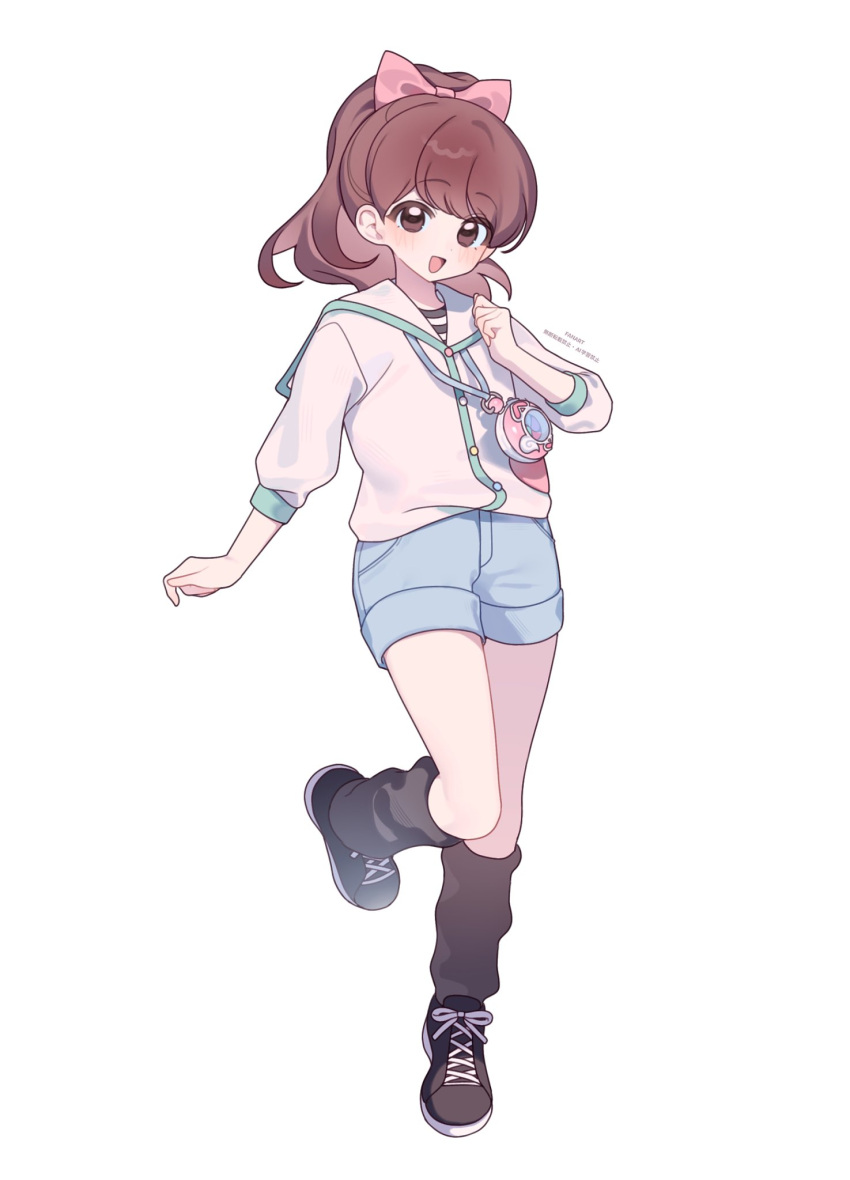 1girl, black_shoes, black_socks, blue_shorts, bow, brown_eyes, brown_hair, full_body