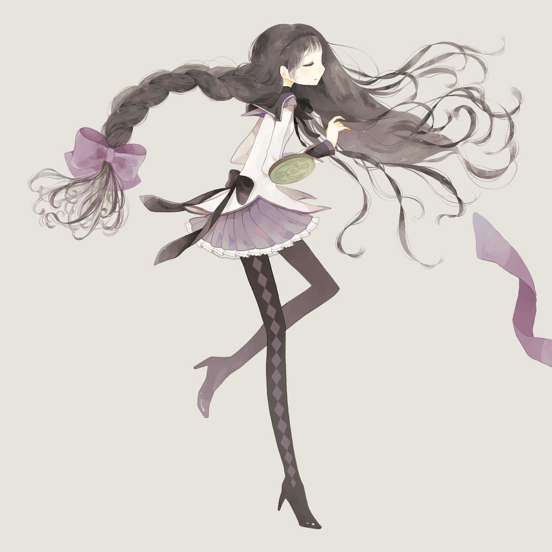 akemi_homura, bad_id, black_hair, braid, closed_eyes, eyes_closed, floating_hair, hair_ribbon
