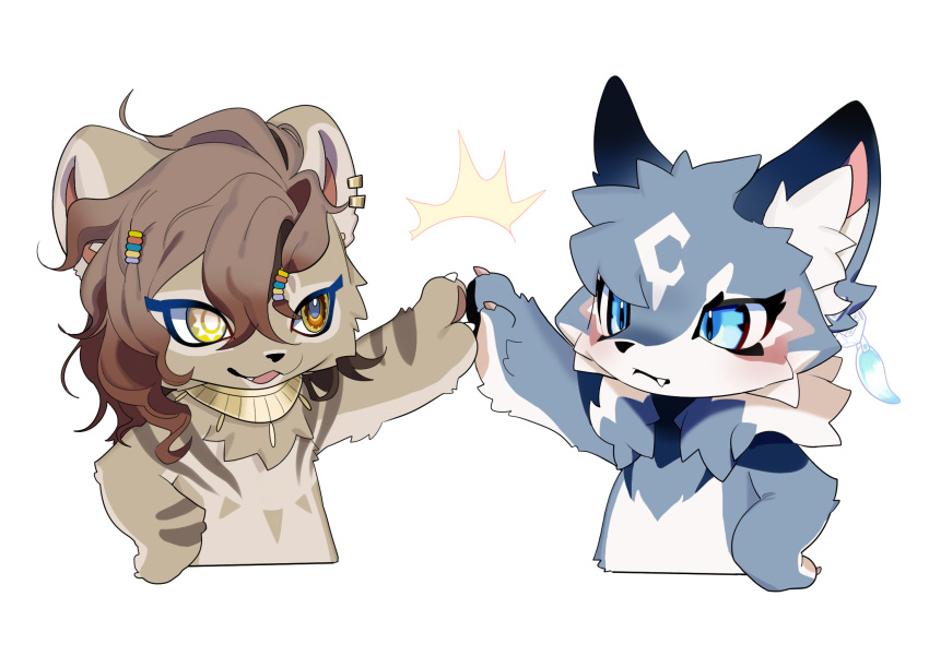 2boys, androgynous, animal_ears, animal_hands, august_(fluffy_land), beads, bishounen, blue_eyes