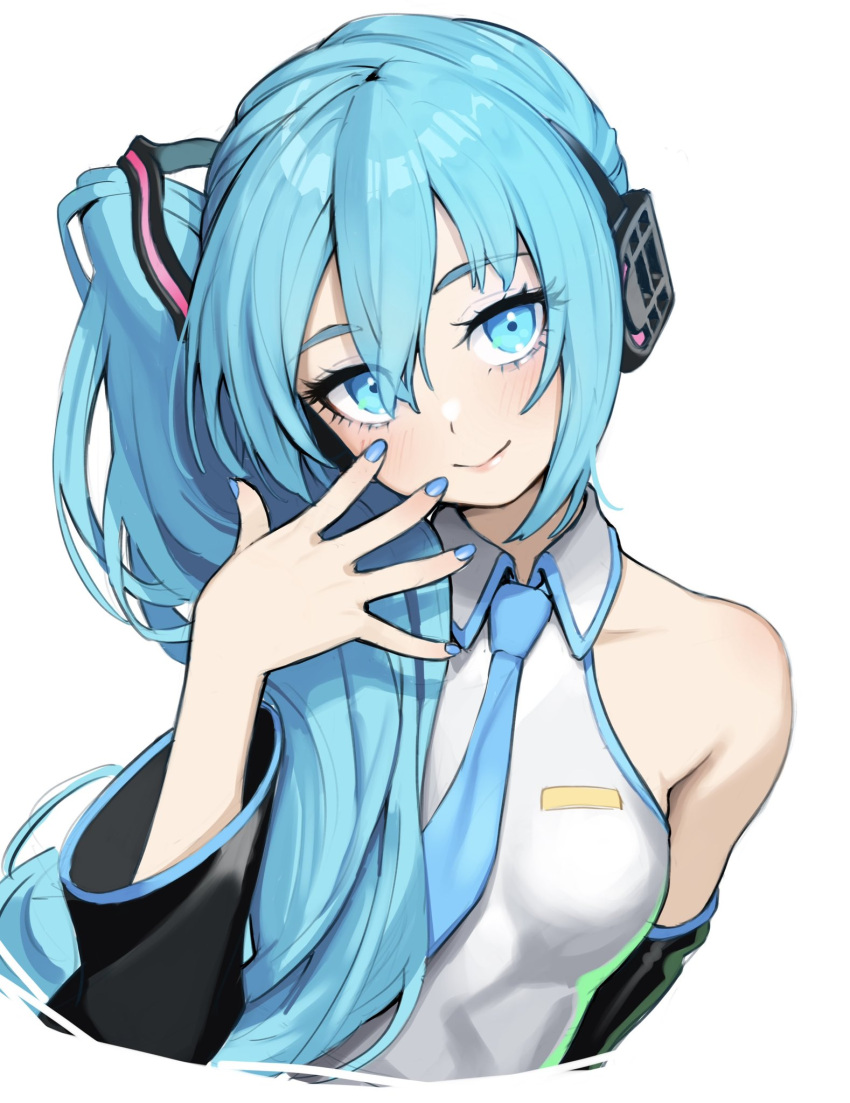 1girl, bare_shoulders, black_sleeves, blue_eyes, blue_hair, blue_nails, blue_necktie, blue_trim, breasts, detached_sleeves, grey_shirt, hatsune_miku, hatsune_miku_(noodle_stopper), head_tilt, headphones, highres, kulumi_e, looking_at_viewer, meme, necktie, shirt, side_ponytail, sidetail_miku_noodle_stopper_(meme), sleeveless, sleeveless_shirt, small_breasts, smile, solo, upper_body, vocaloid, white_background