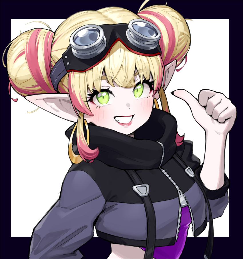 1girl, absurdres, black_border, black_coat, black_straps, blonde_hair, border, coat