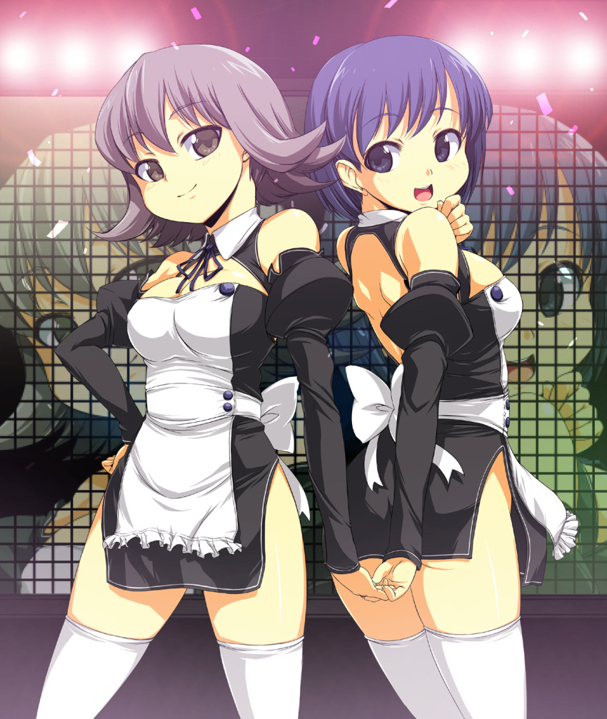 apron, back-to-back, bare_back, bare_shoulders, blue_eyes, blue_hair, detached_sleeves, dream_c_club