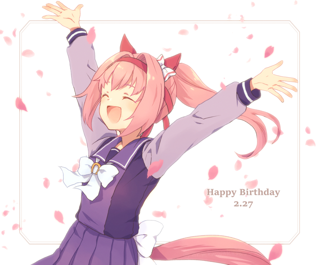 1girl, :d, ^_^, animal_ears, arms_up, back_bow, bow, bowtie