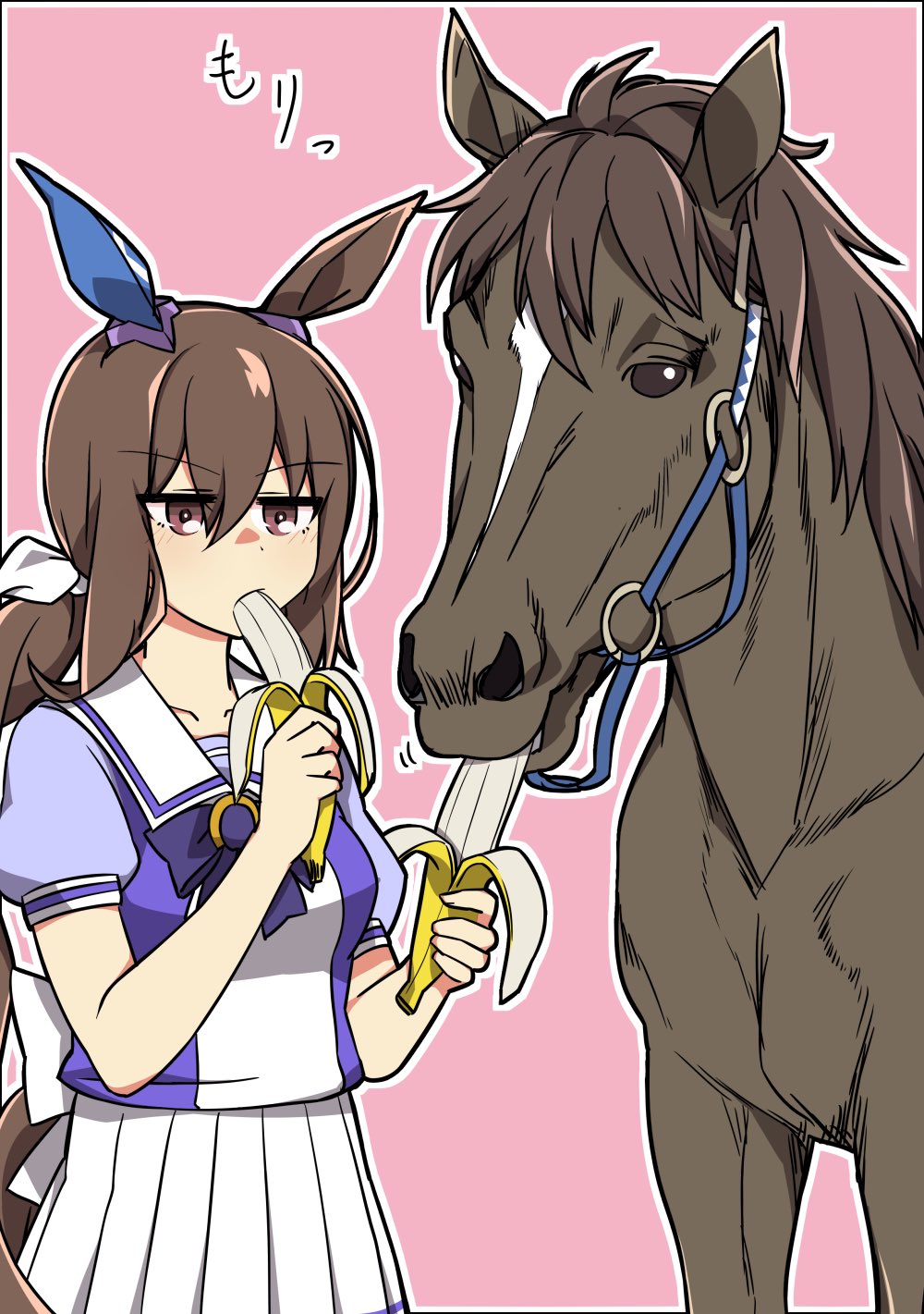 1girl, admire_vega_(racehorse), admire_vega_(umamusume), animal_ears, back_bow, bag, black_border, border