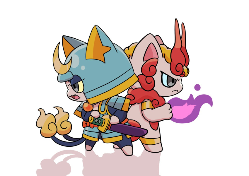animal_ears, armor, back-to-back, blue_armor, bushinyan, cat_ears, fire, from_side