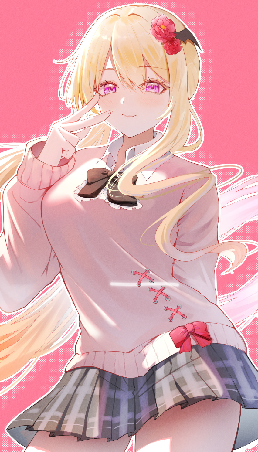 1girl, absurdres, black_skirt, blonde_hair, bow, bowtie, character_request, check_copyright