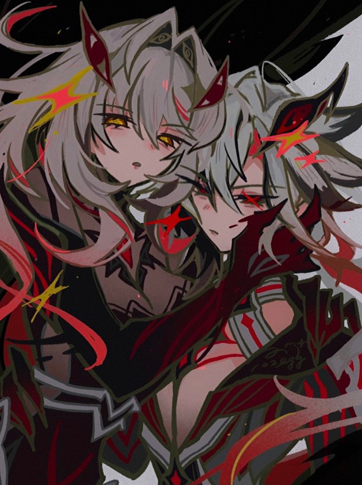 2girls, arlecchino_(cinder_of_two_worlds'_flames)_(genshin_impact), arlecchino_(genshin_impact), arm_around_shoulder, black_background, black_dress, black_eyes, center_opening