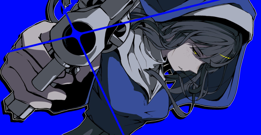 1girl, aiming, aiming_at_viewer, akatsuki_blitzkampf, anonym, black_hair, blue_background, blue_dress