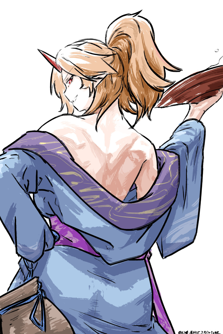 1girl, absurdres, back, bare_back, bare_shoulders, blonde_hair, blue_kimono, cup