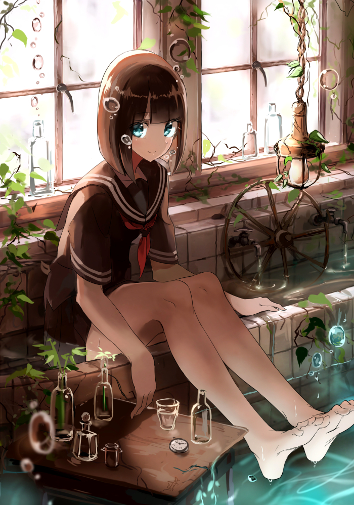 1girl, air_bubble, bare_legs, barefoot, black_hair, black_sailor_collar, black_serafuku, black_shirt
