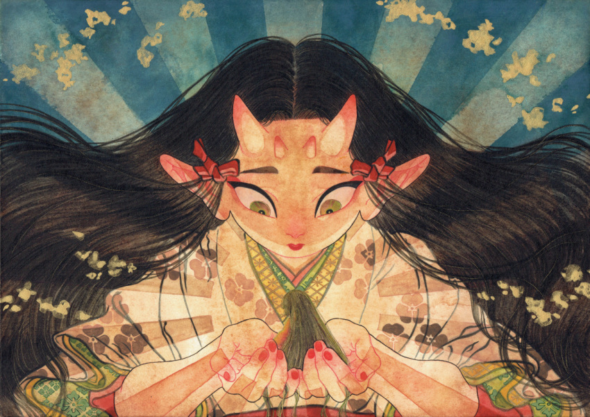 2girls, artist_name, black_hair, eyeshadow, furisode_sleeves, giant, giantess, glowing