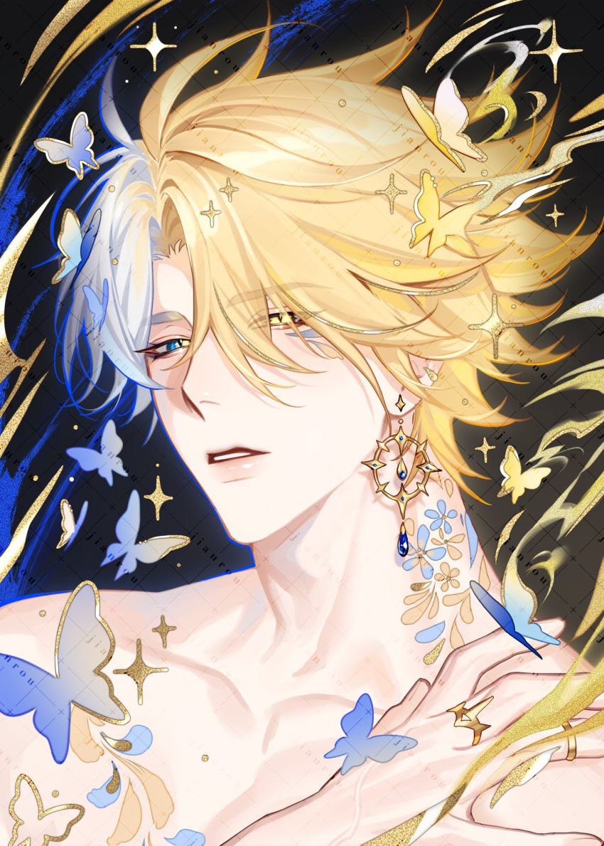 1boy, blue_eyes, bug, butterfly, collarbone, commentary, curtained_hair, earrings