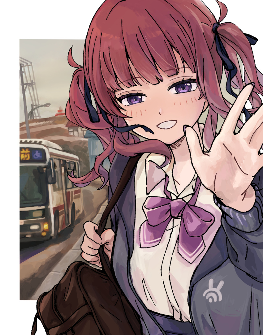 1girl, blush, bow, brown_hair, bus, cevio, hair_ribbon, hakamada_tama, highres, jacket, long_hair, long_sleeves, looking_at_viewer, motor_vehicle, natsuki_karin, open_mouth, ribbon, shirt, smile, synthesizer_v, twintails, violet_eyes