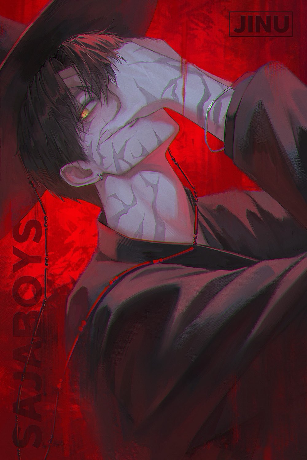1boy, black_hair, bracelet, character_name, closed_mouth, commentary, demon, dutch_angle