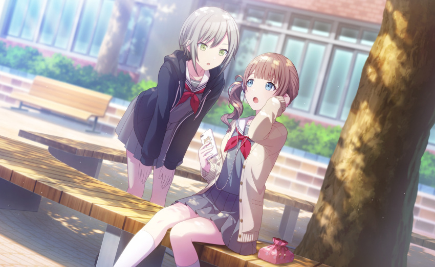 2girls, :o, bag, black_hoodie, blue_eyes, blunt_bangs, blurry, blurry_background