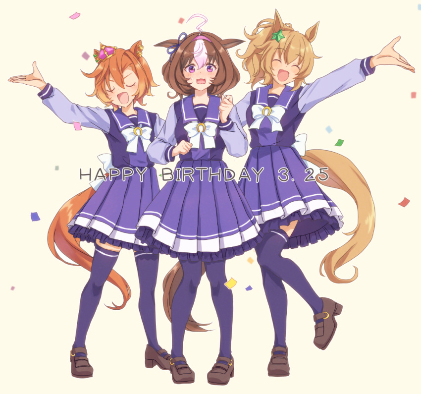 3girls, :d, ^_^, ahoge, animal_ear_piercing, animal_ears, blonde_hair, blush