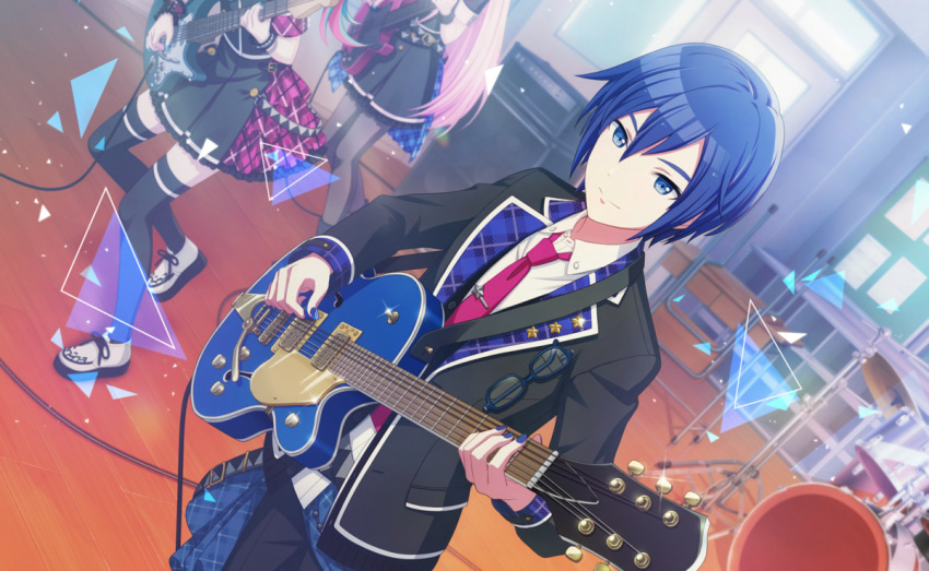 1boy, 2girls, aqua_hair, black_jacket, black_pants, black_thighhighs, blue_eyes, blue_hair